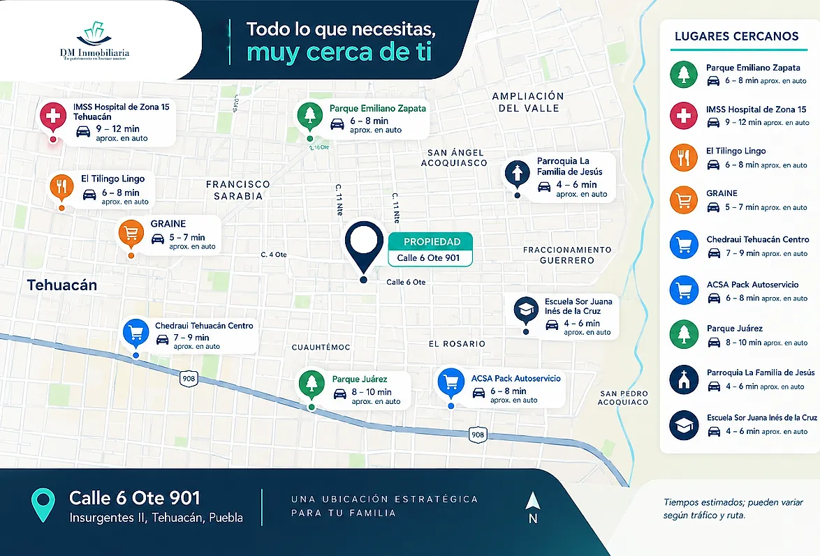 Entorno de San Pedro Acoquiaco, Tehuacán, cerca de escuelas y oficinas de gobierno